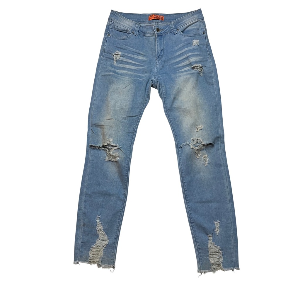 Wax Jean Skinny Jeans Womens 9 Light Blue Butt I Love You Distressed Raw Hem
